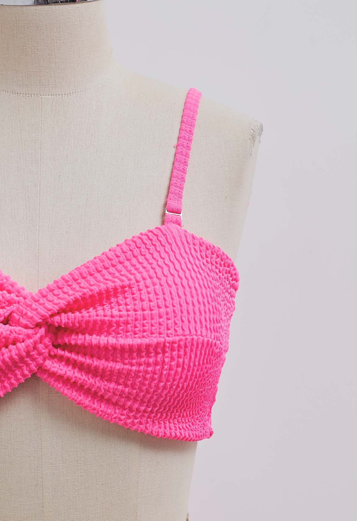 Three-Piece Wavy Texture Twist Bikini Set in Hot Pink