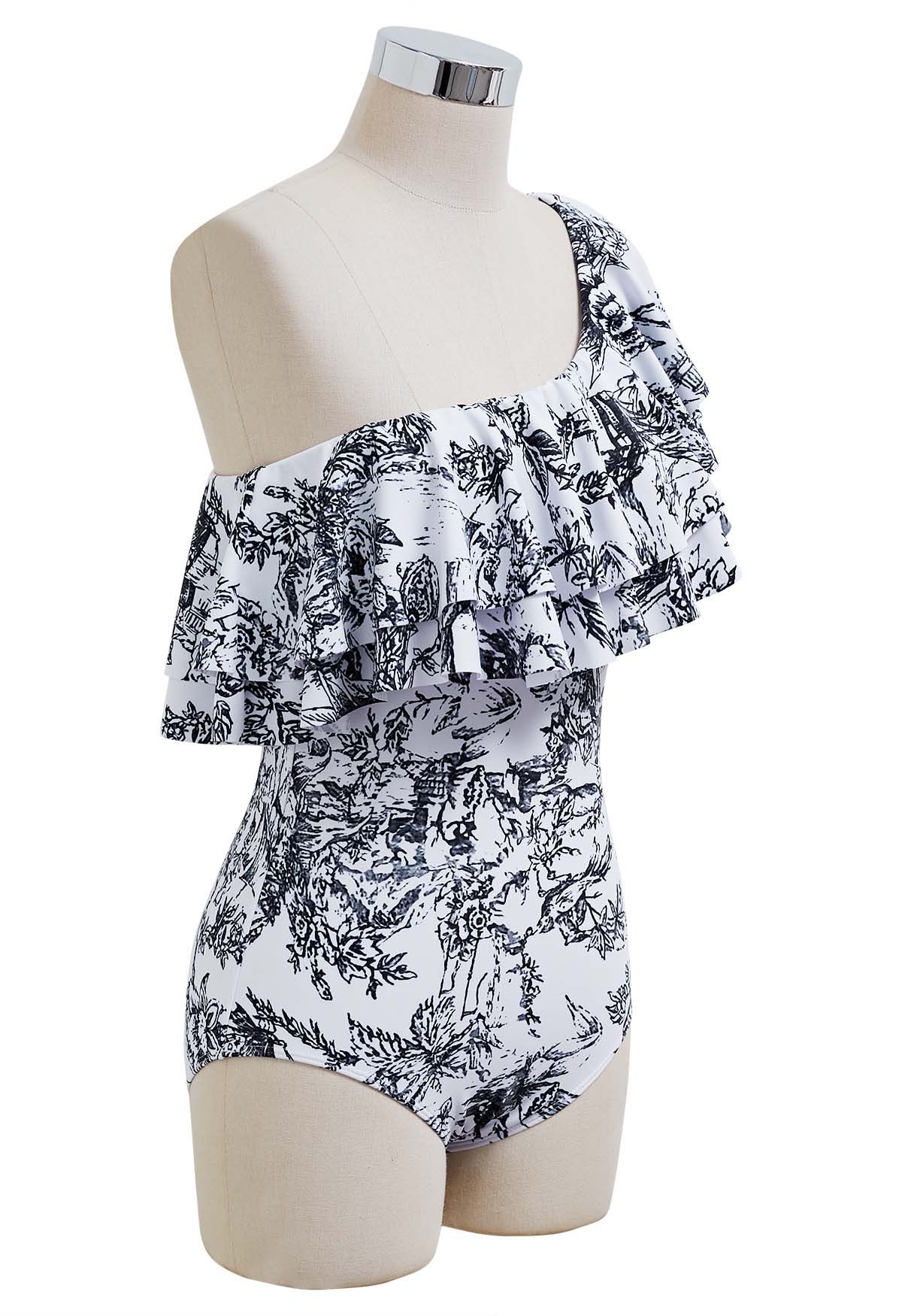 Inky Forest Tiered Ruffle One-Shoulder Swimsuit
