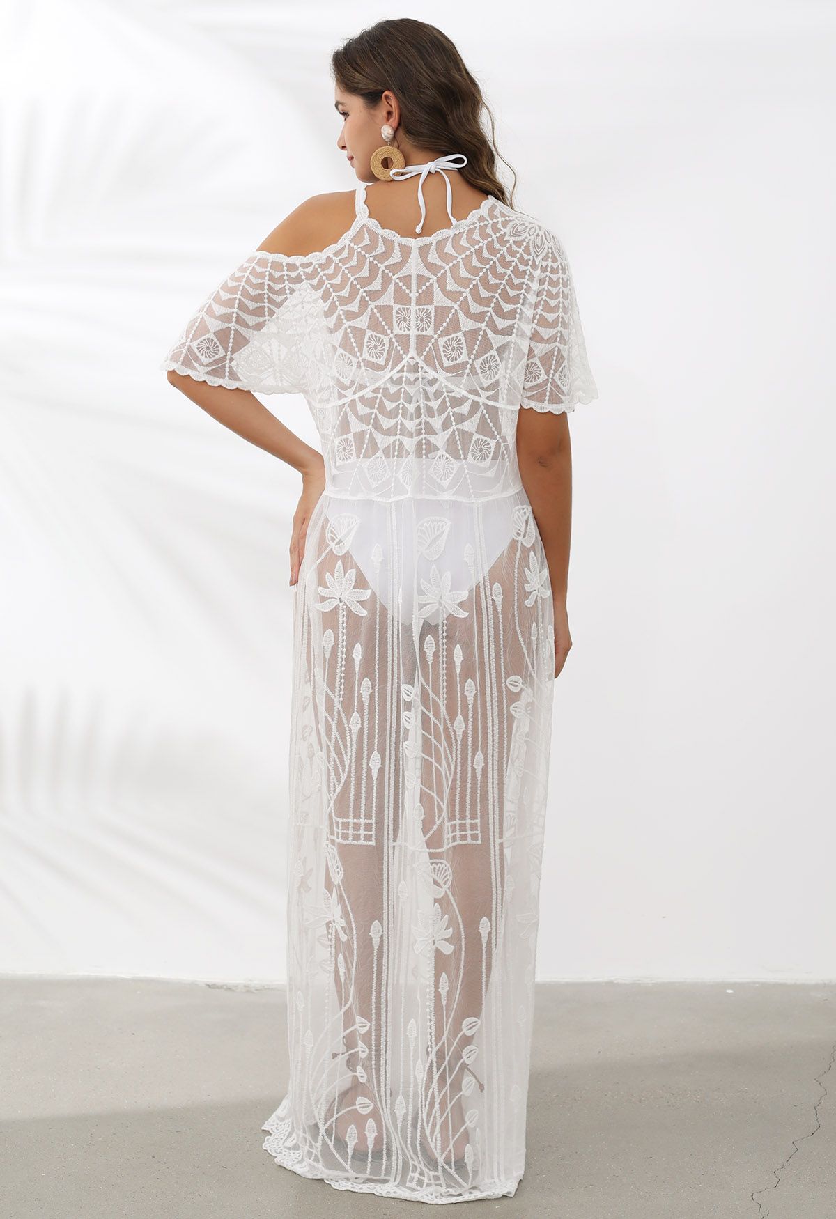 Embroidered Lace Cutout Shoulder Cover-Up Dress
