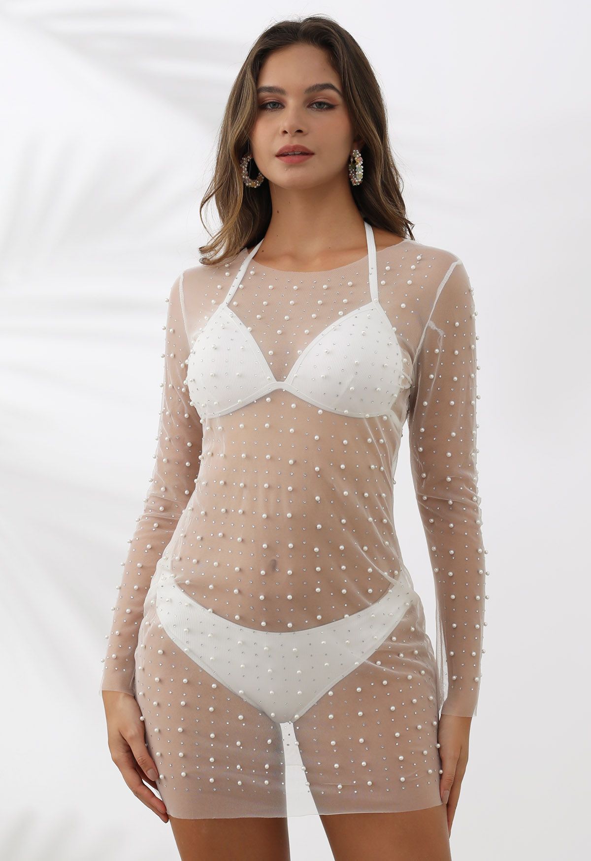 Full Pearl Embellished Sheer Mesh Cover-Up Dress in White