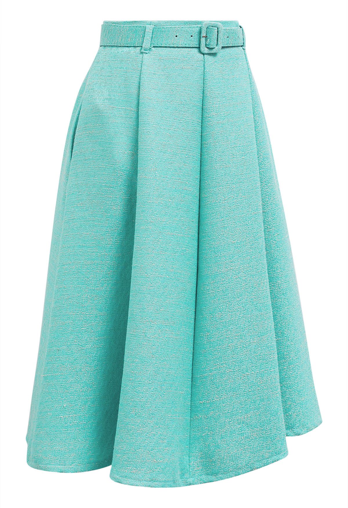 Shimmer Tweed Belted A-Line Midi Skirt in Turquoise