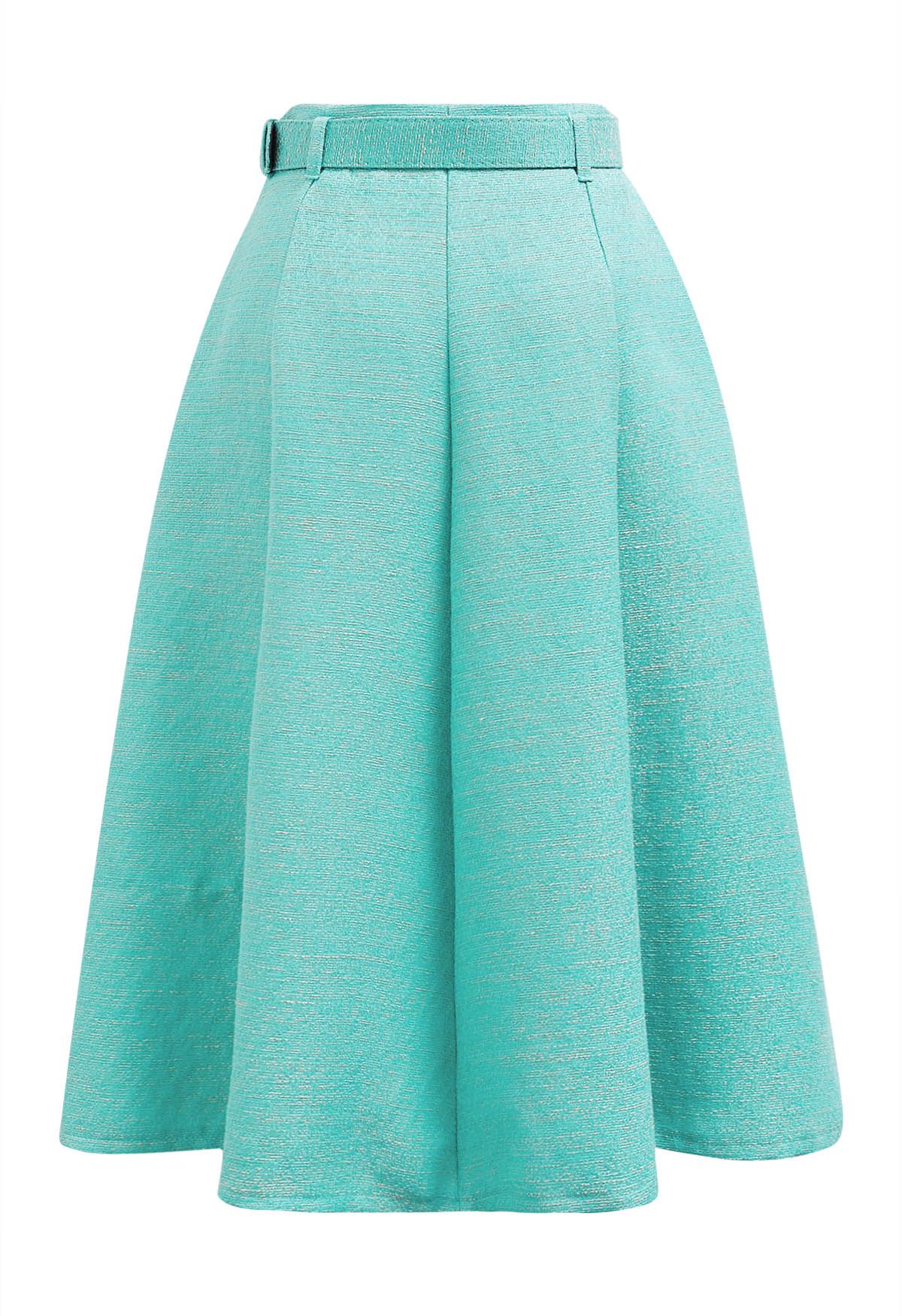 Shimmer Tweed Belted A-Line Midi Skirt in Turquoise