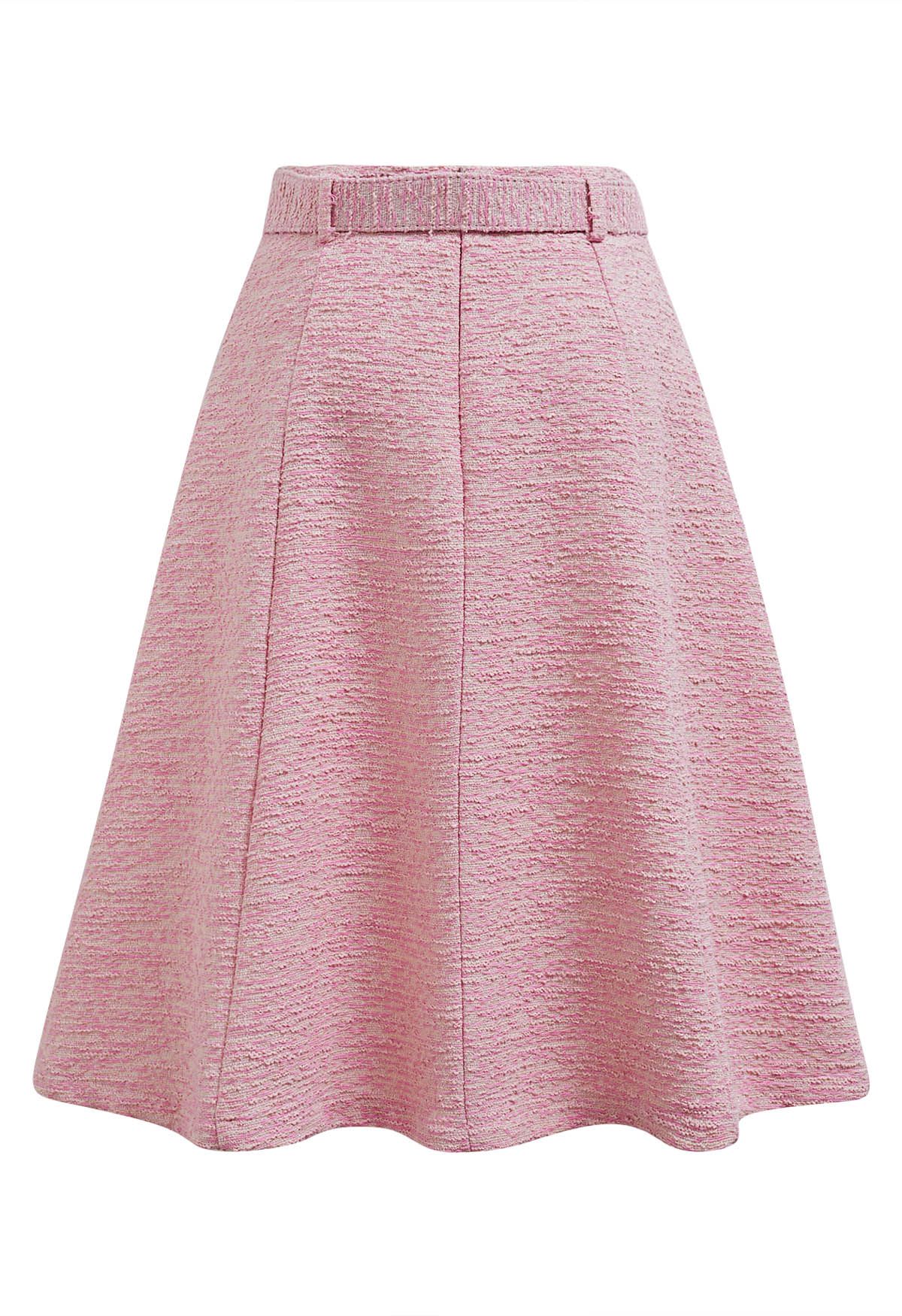Shimmer Tweed Belted A-Line Midi Skirt in Pink