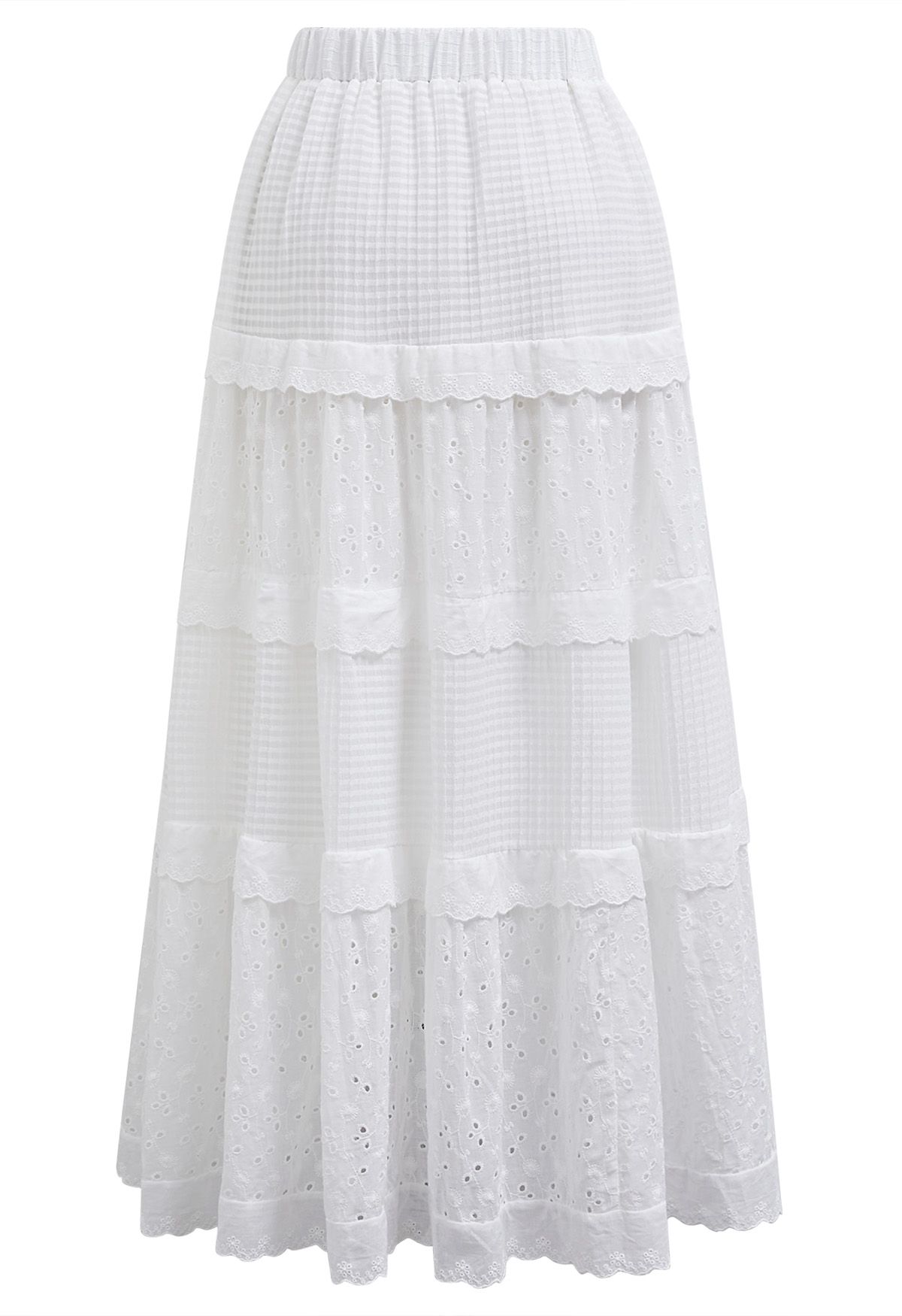 Eyelet Embroidery Ruffle Edge Cotton-Blend Skirt