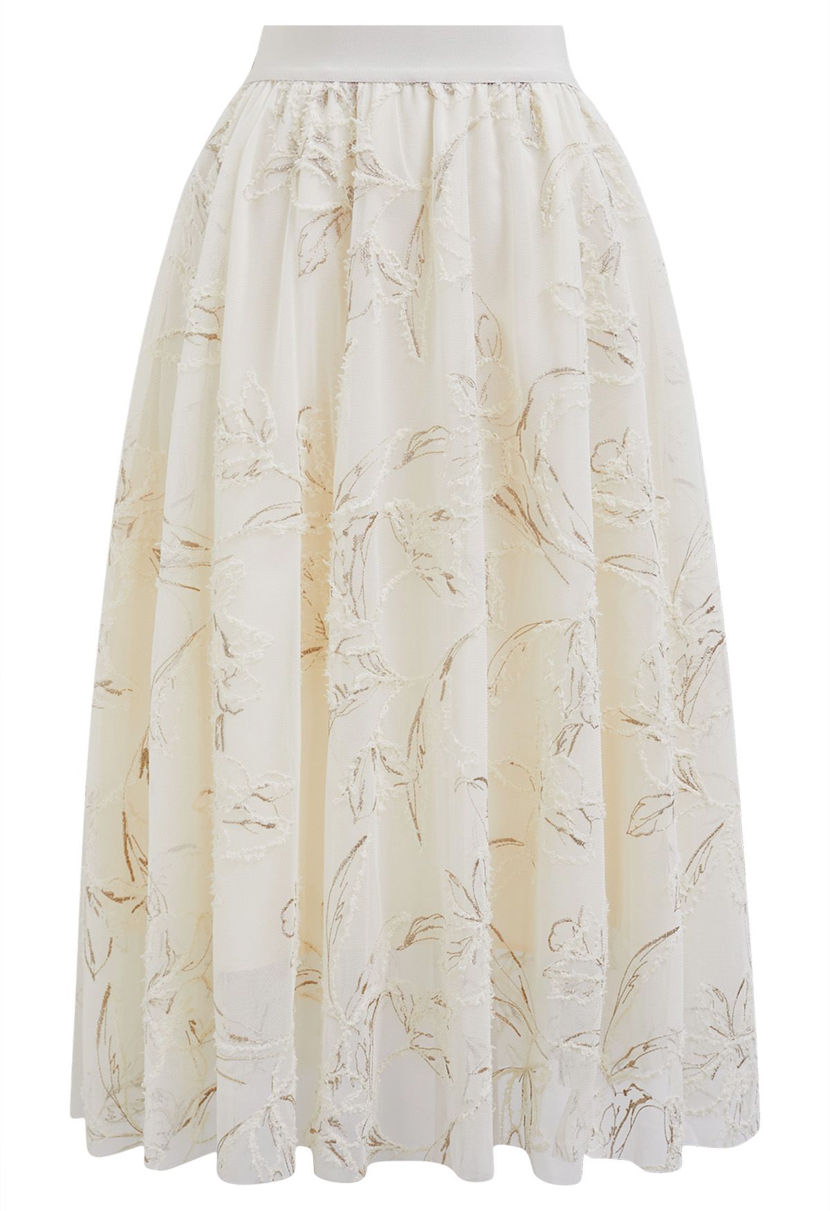 Metallic Thread Fuzzy Floral Mesh Midi Skirt in Cream