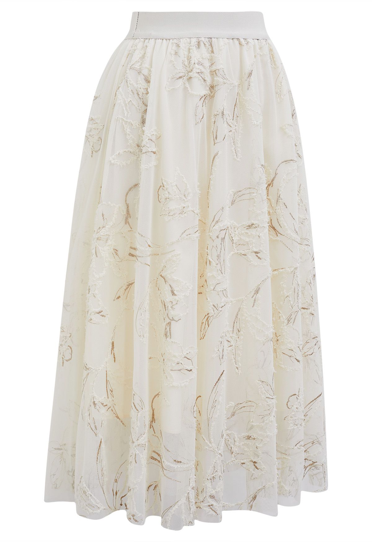 Metallic Thread Fuzzy Floral Mesh Midi Skirt in Cream