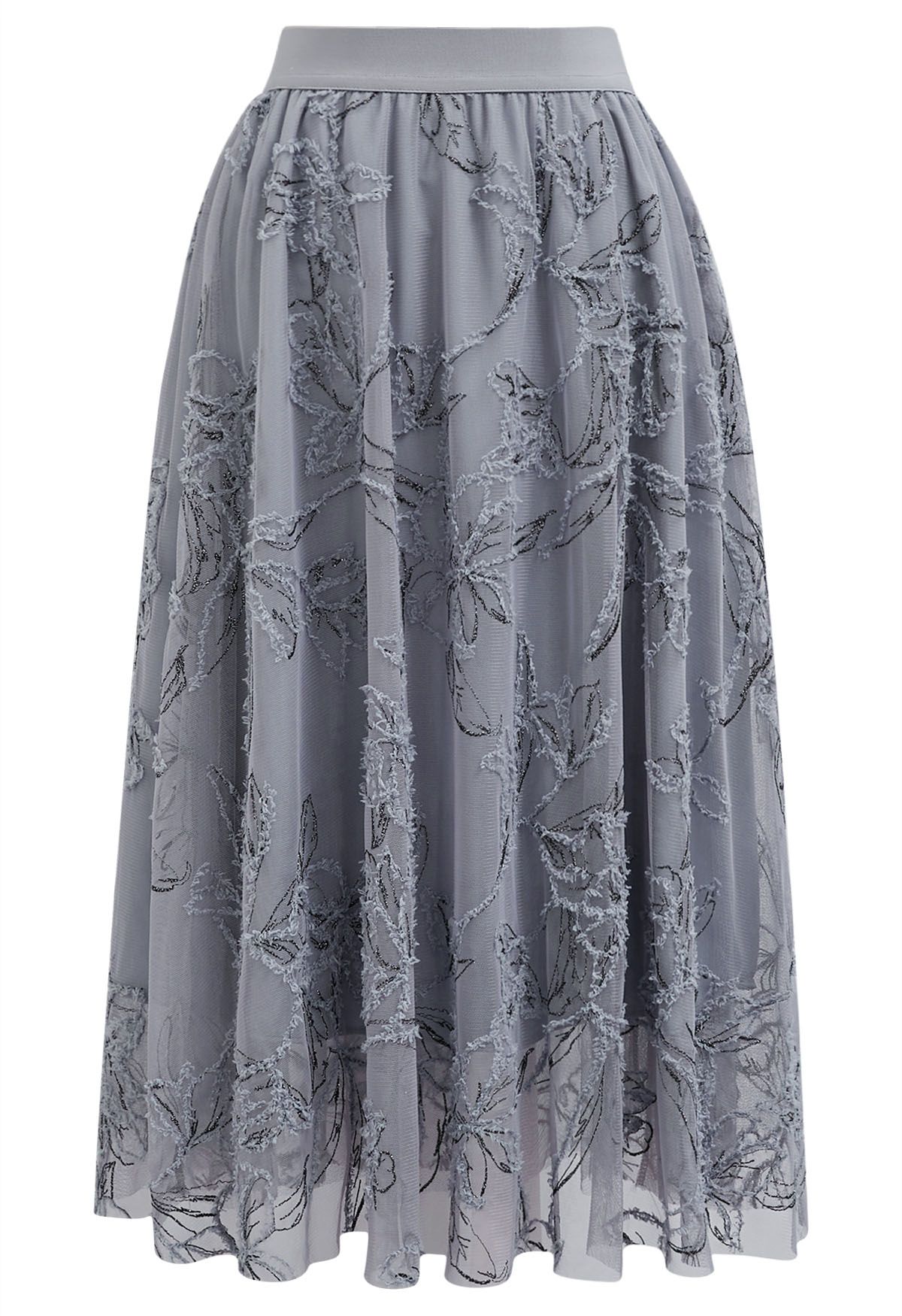 Metallic Thread Fuzzy Floral Mesh Midi Skirt in Grey