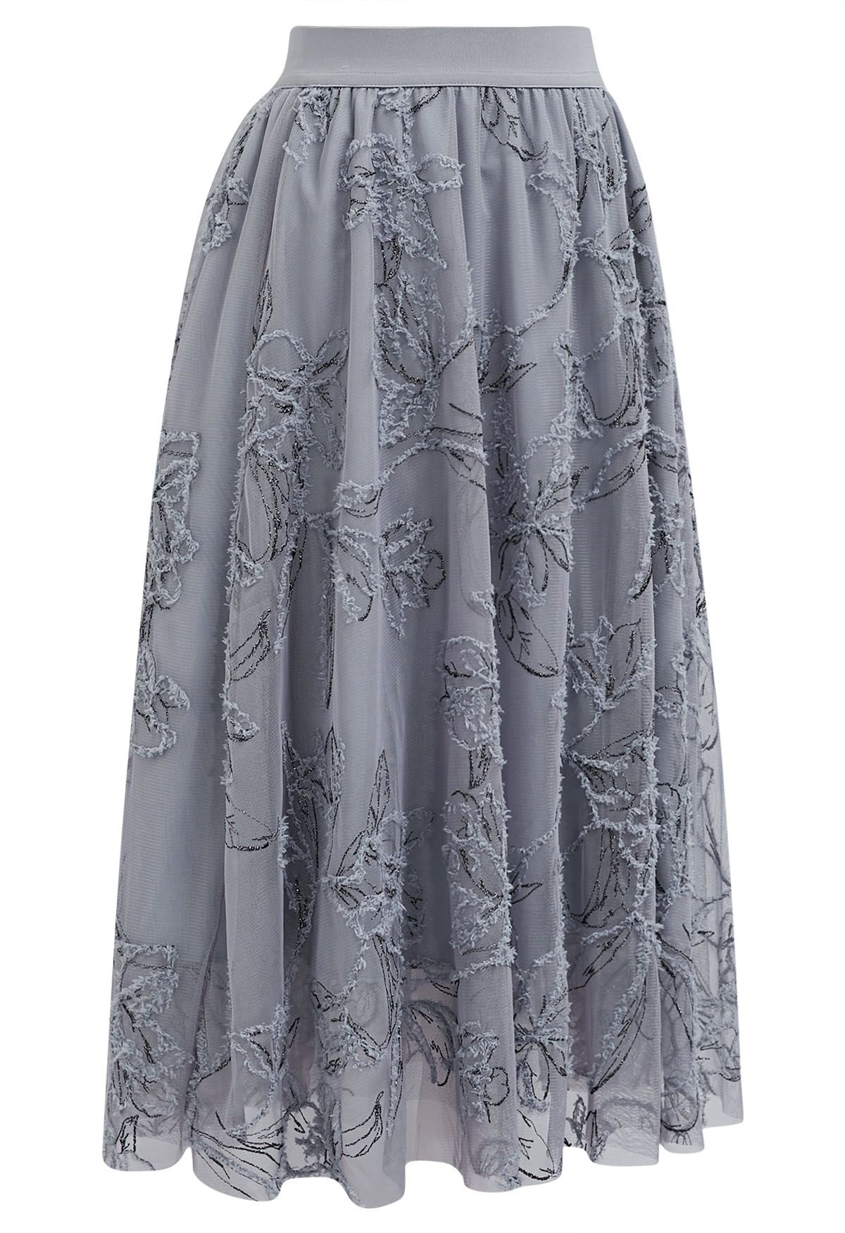 Metallic Thread Fuzzy Floral Mesh Midi Skirt in Grey