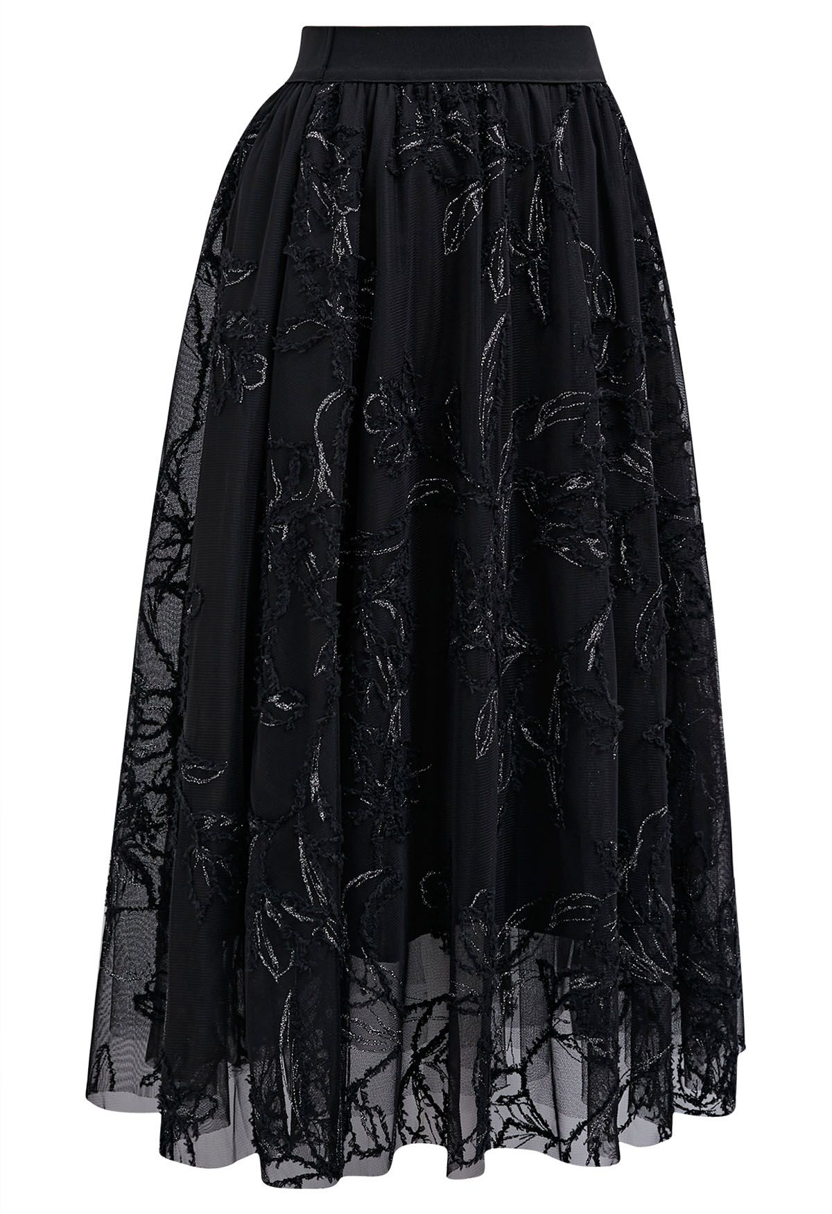 Metallic Thread Fuzzy Floral Mesh Midi Skirt in Black