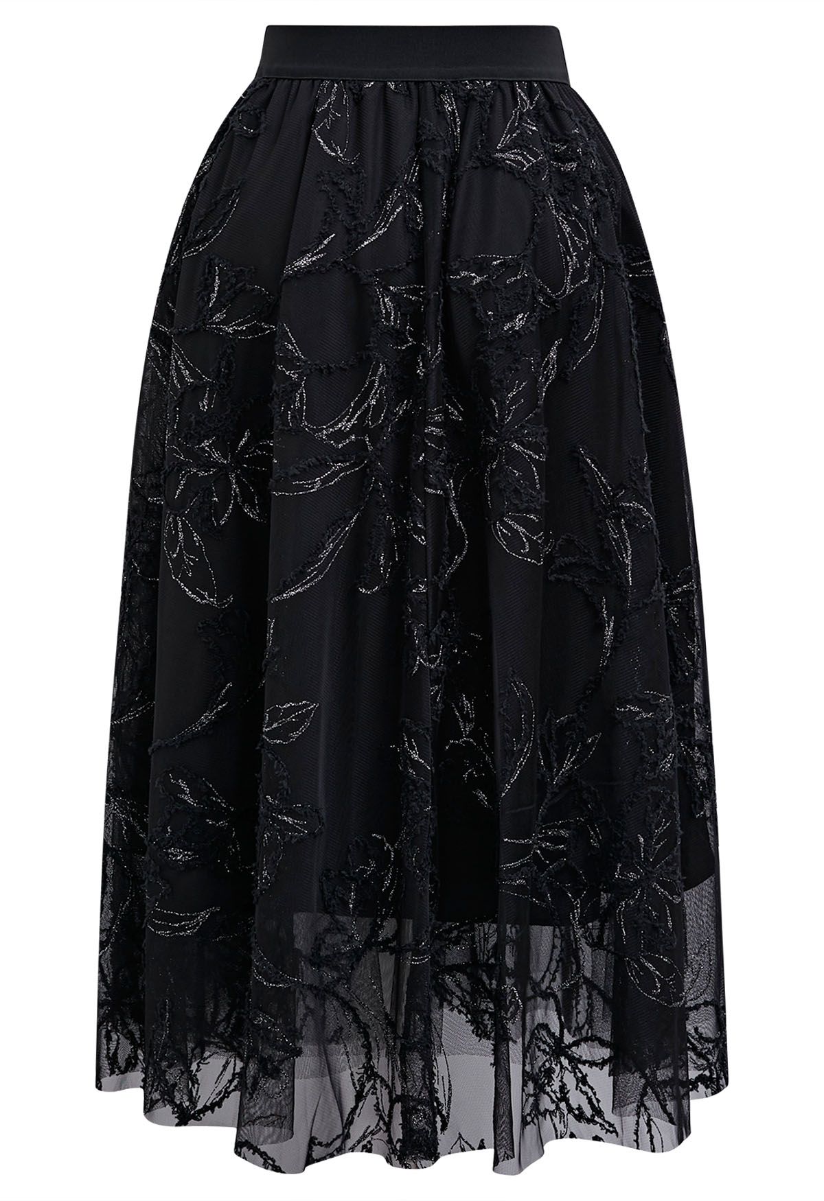Metallic Thread Fuzzy Floral Mesh Midi Skirt in Black