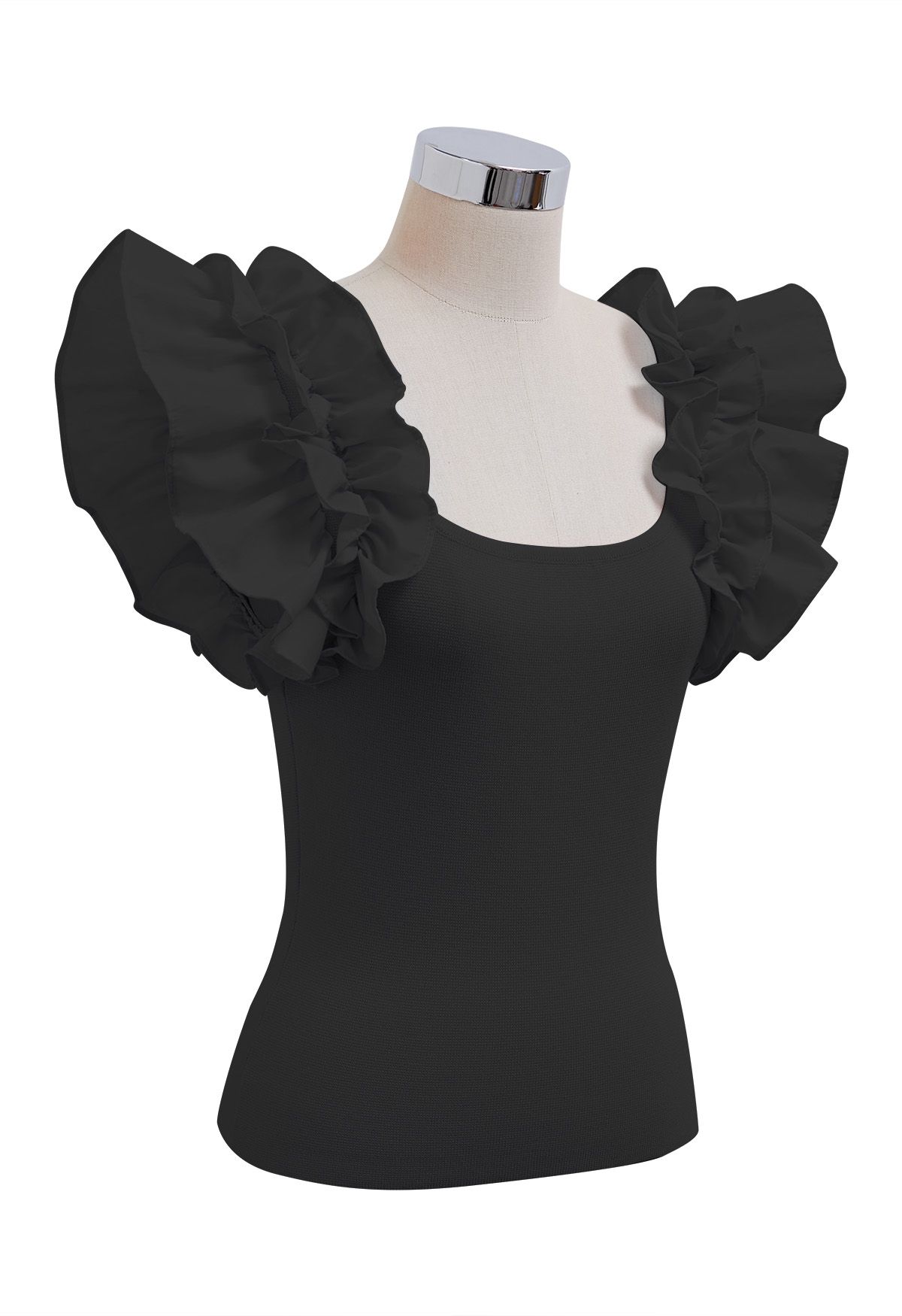 Romantic Ruffle Shoulder Knit Top in Black