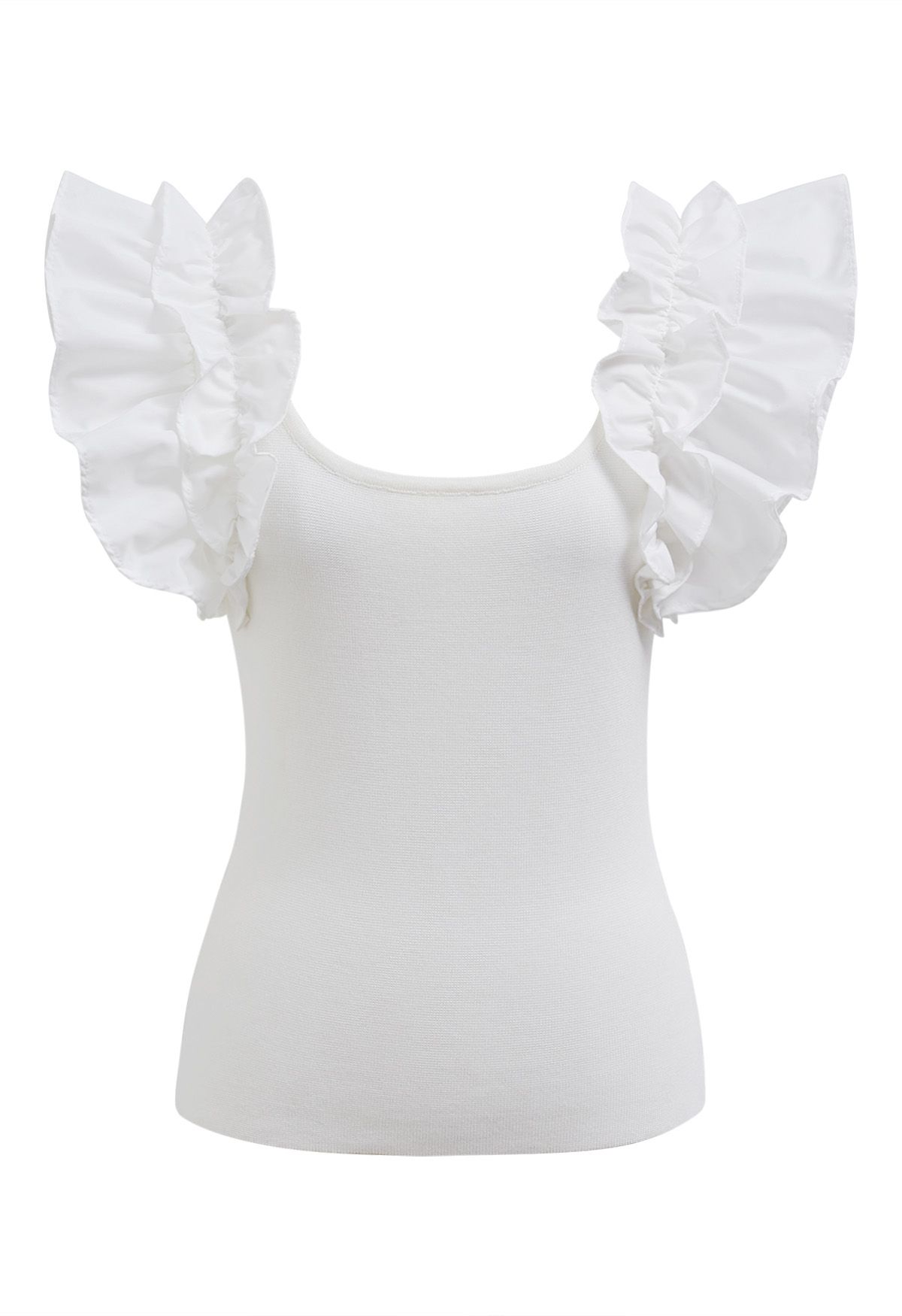 Romantic Ruffle Shoulder Knit Top in White