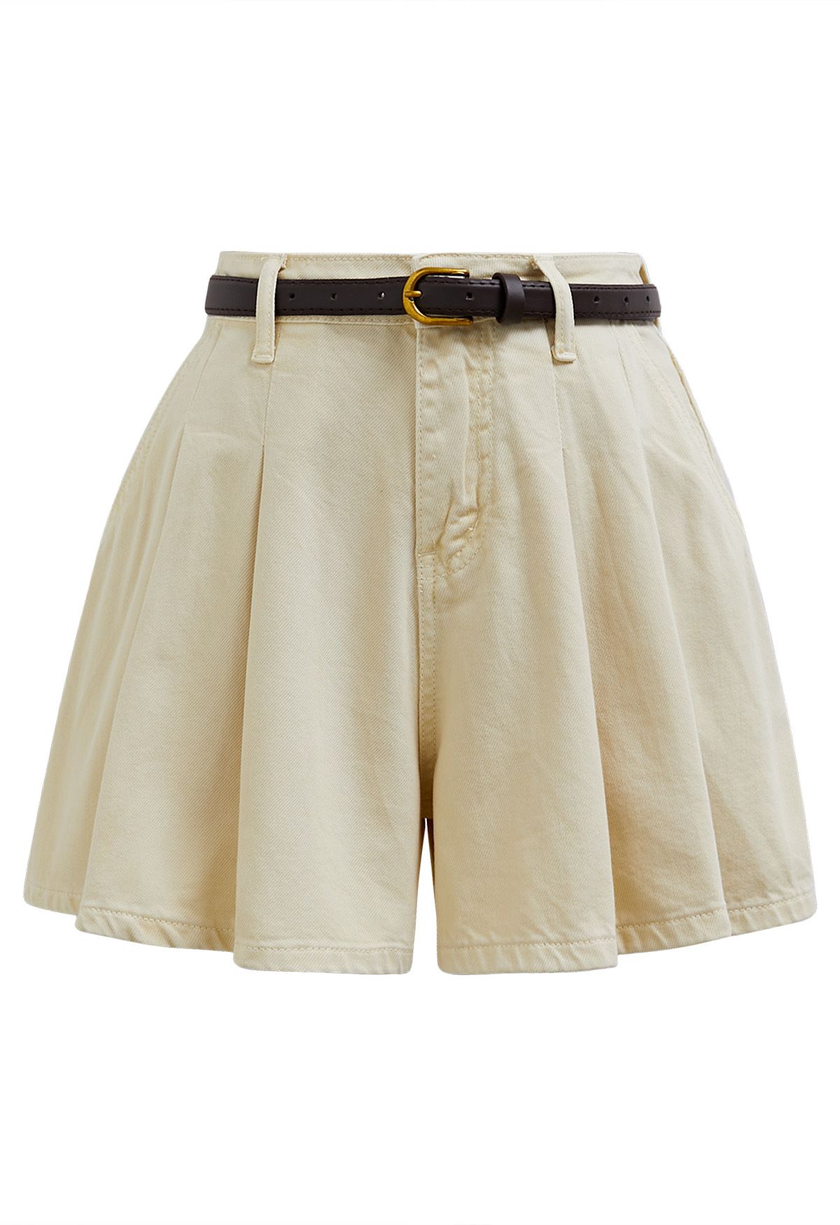 Summer Staple Pleated Belt Denim Shorts in Light Yellow