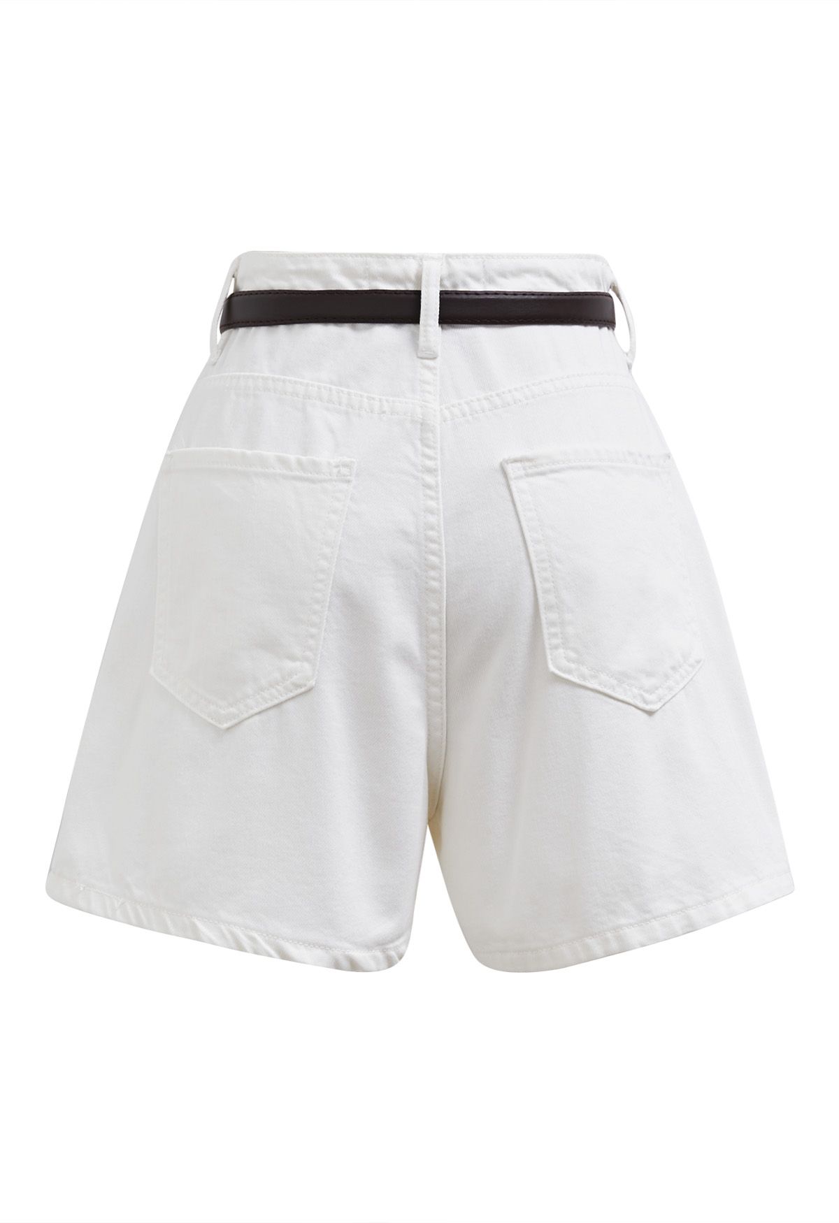 Summer Staple Pleated Belt Denim Shorts in White