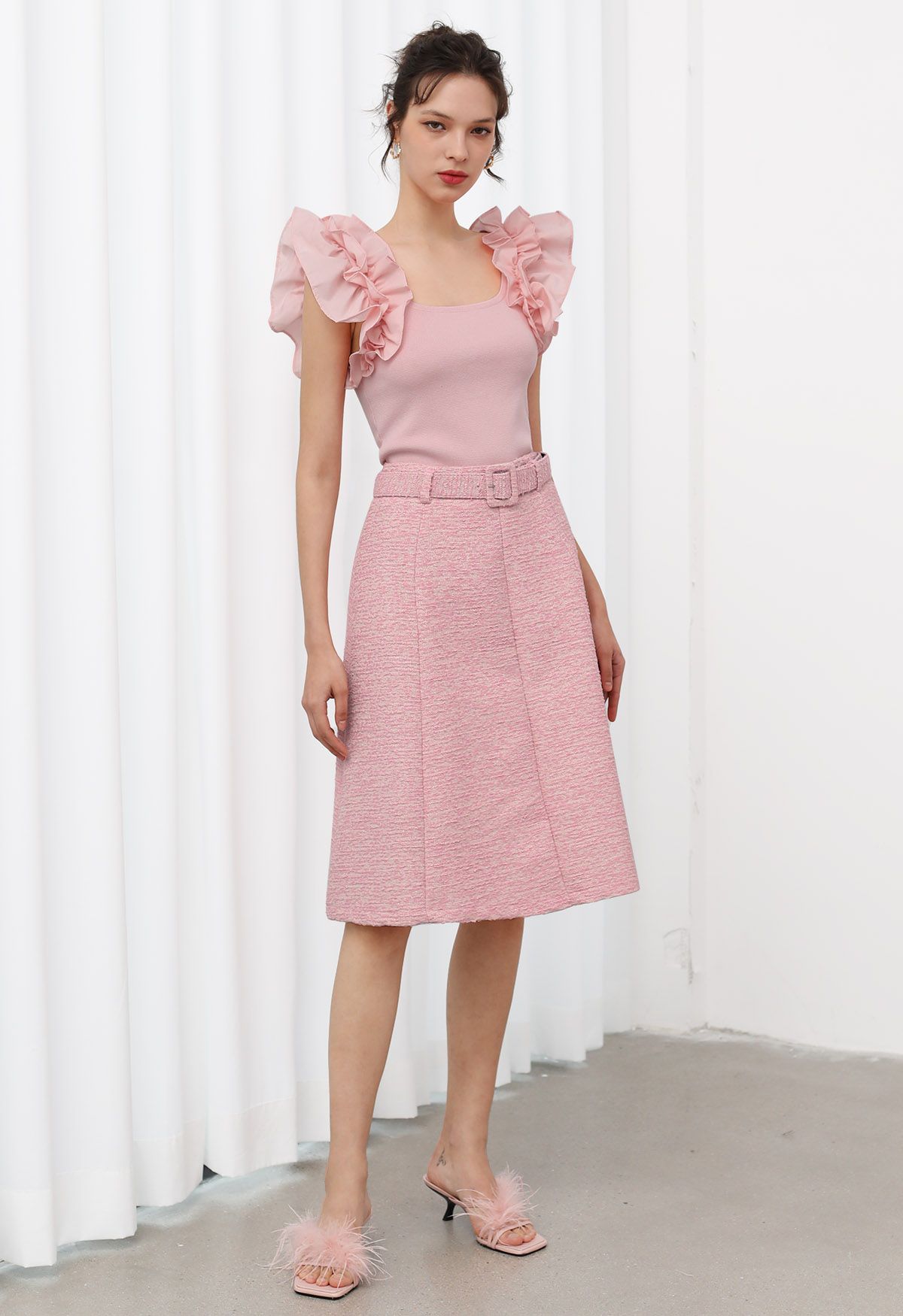 Shimmer Tweed Belted A-Line Midi Skirt in Pink