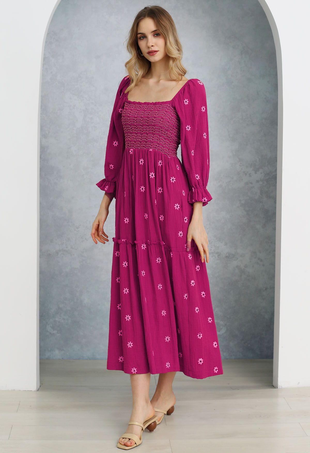 Floret Embroidery Square Neck Midi Dress in Hot Pink