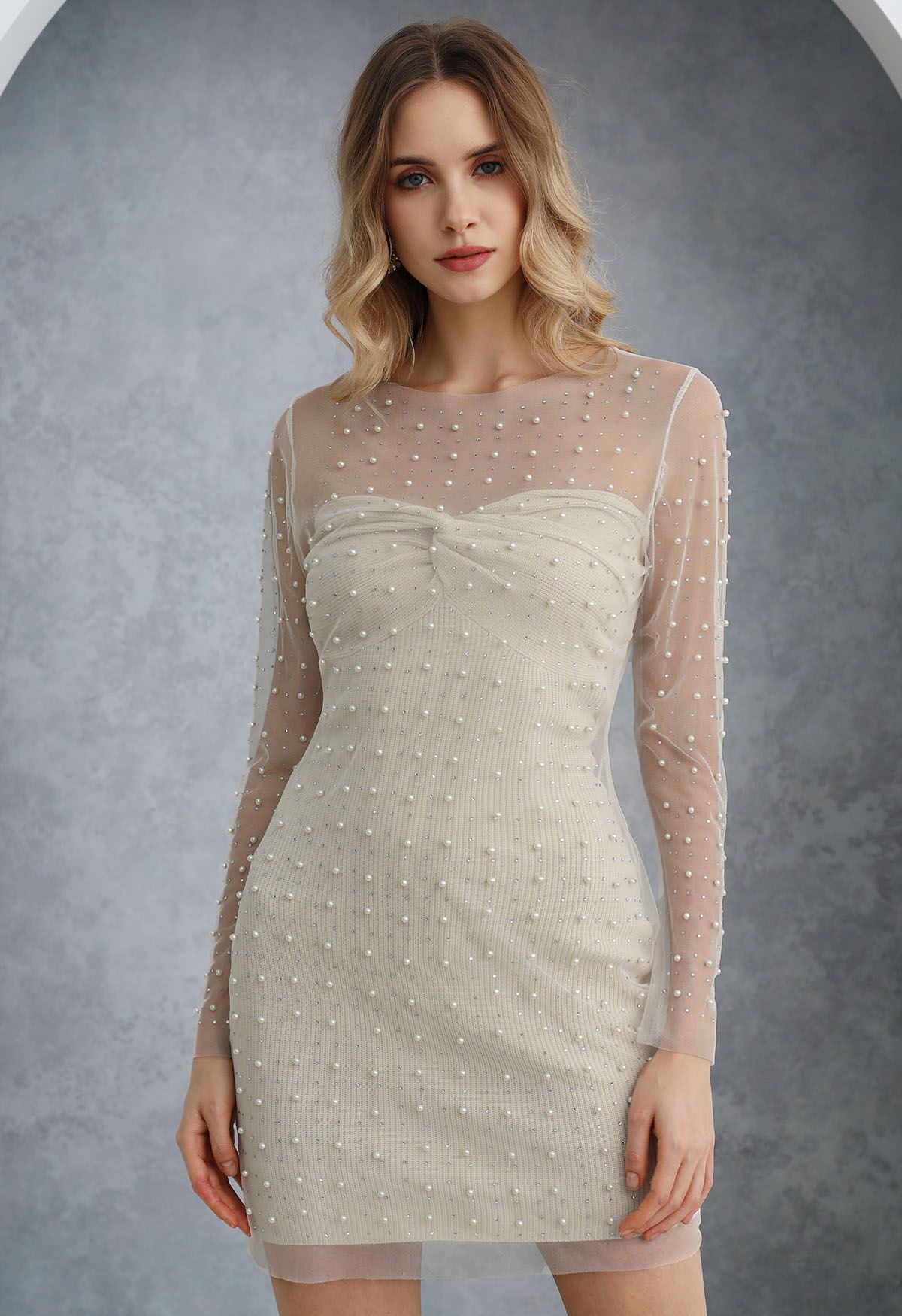 Full Pearl Embellished Sheer Mesh Cover-Up Dress in White