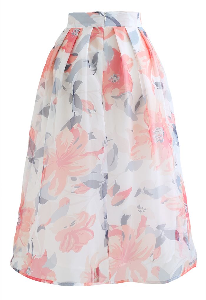 Breezy Organza Floral Pleated Midi Skirt in White