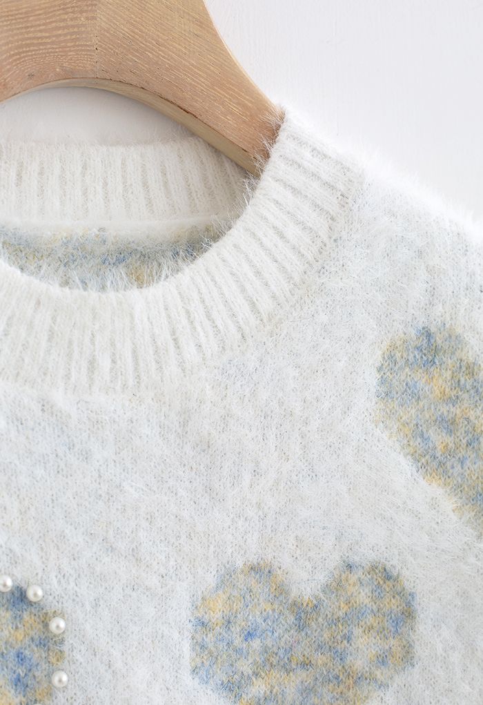Fuzzy Blue Heart Pearl Trim Knit Sweater