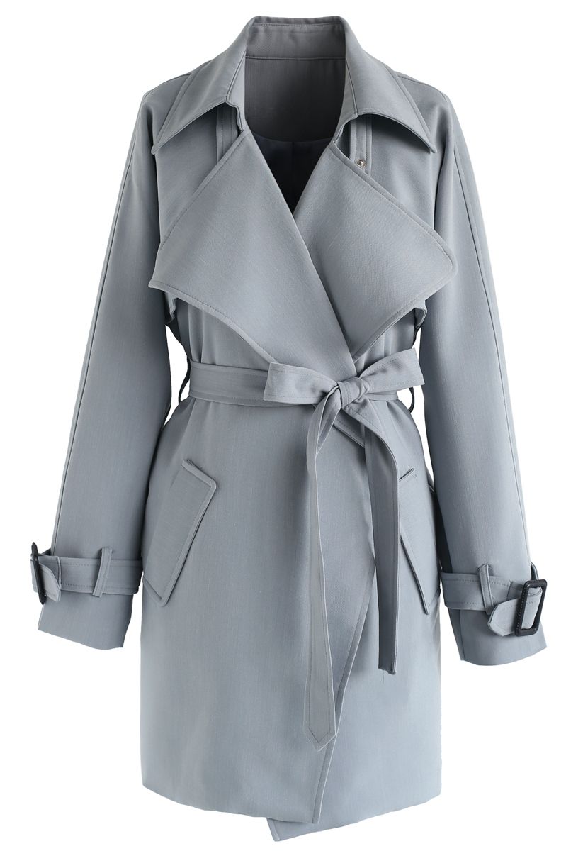 Textured Belted Trench Coat in Grey