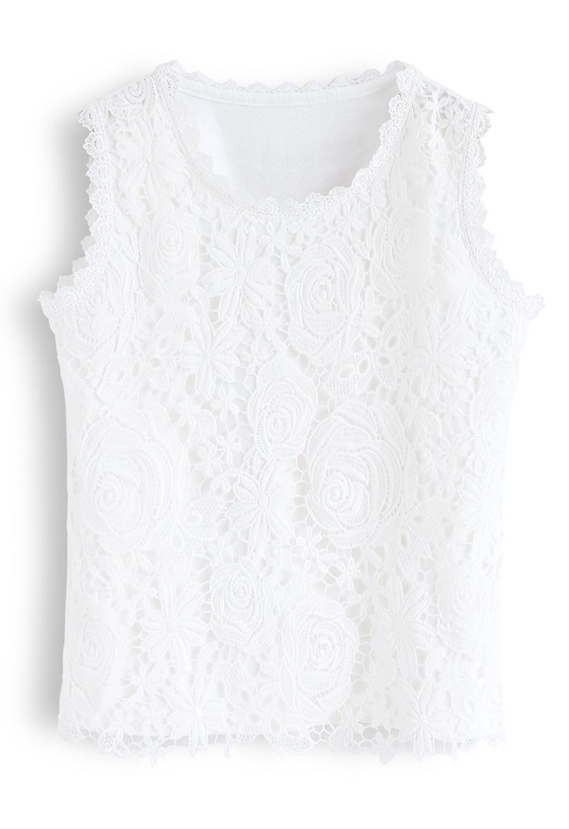 Lace Crochet Front Tank Top in White 