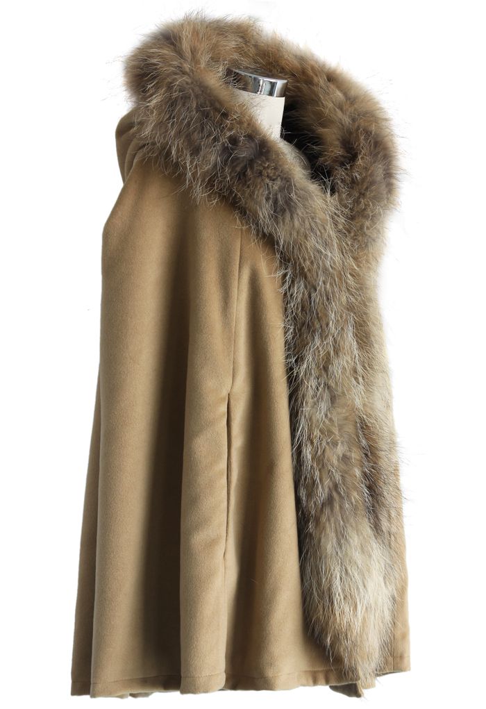Luxury Khaki Faux Fur Hooded Cape