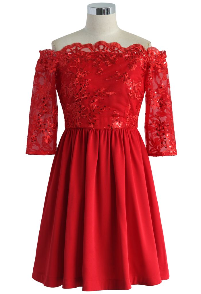 Festive Red Embellished Off-shoulder Dress - Retro, Indie and Unique ...