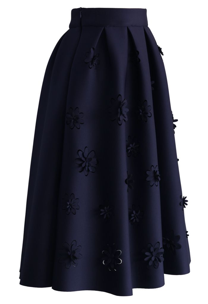 Falling Flowers Airy Pleated Midi Skirt in Navy - Retro, Indie and ...