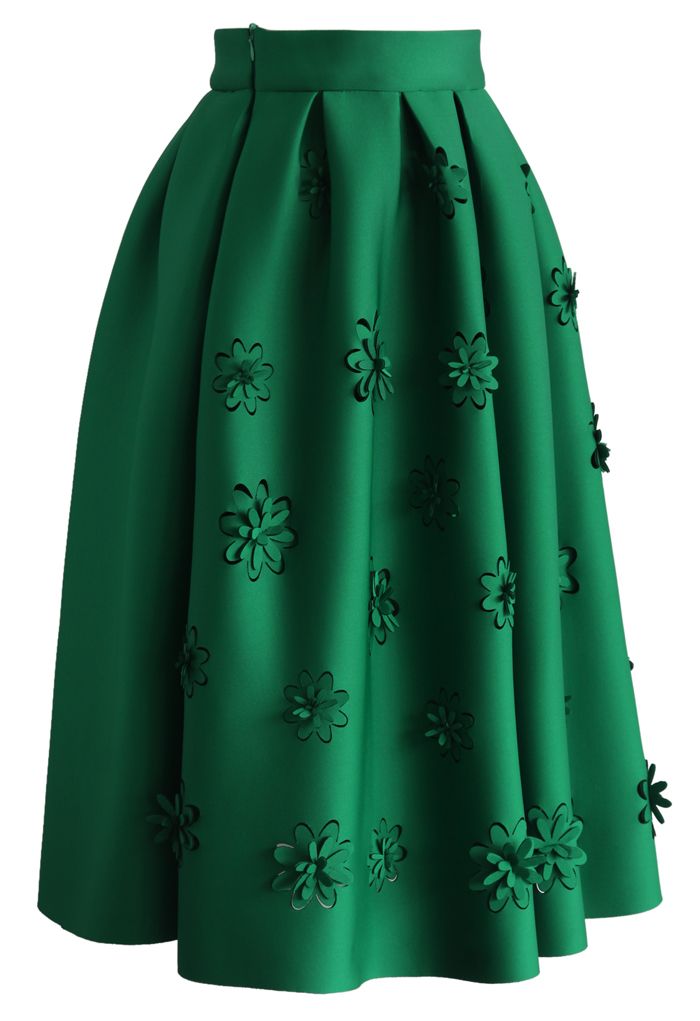 Falling Flowers Airy Pleated Midi Skirt in Green