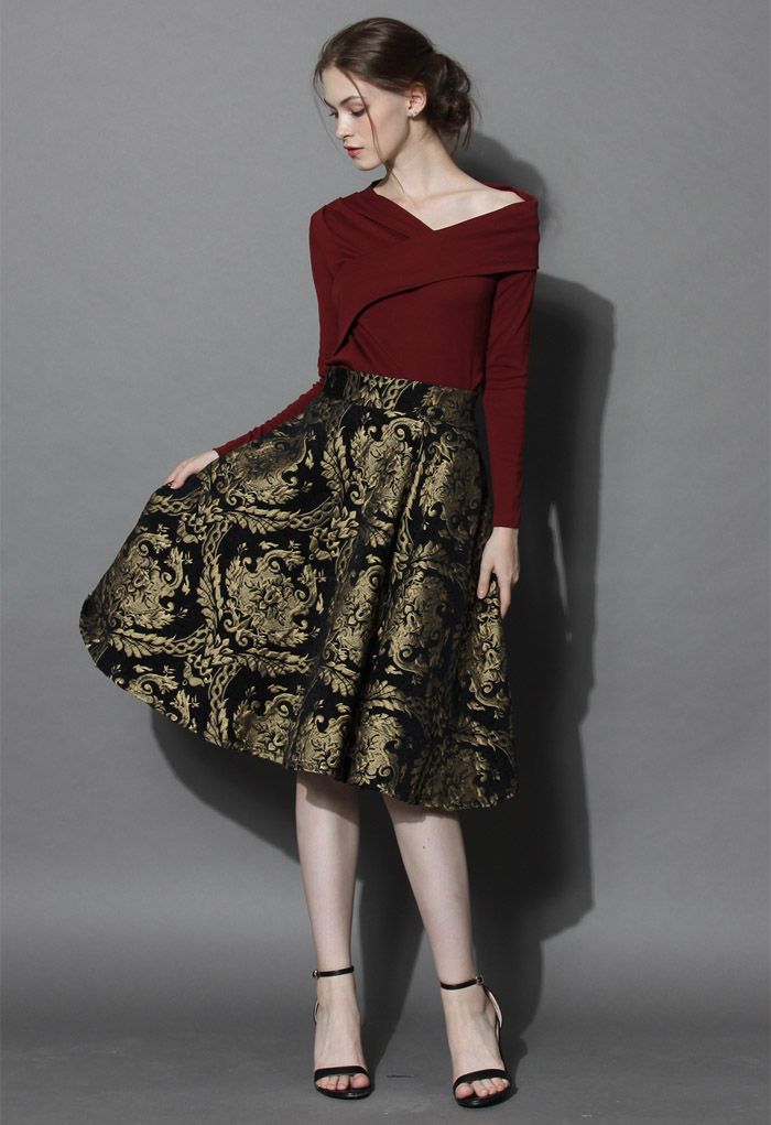 Golden Bouquet Jacquard Midi Skirt - Retro, Indie and Unique Fashion