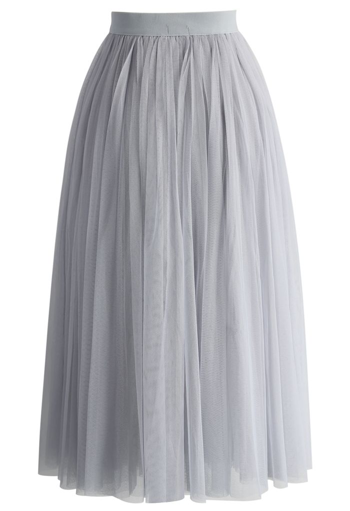 Ethereal Tulle Mesh Midi Skirt in Grey