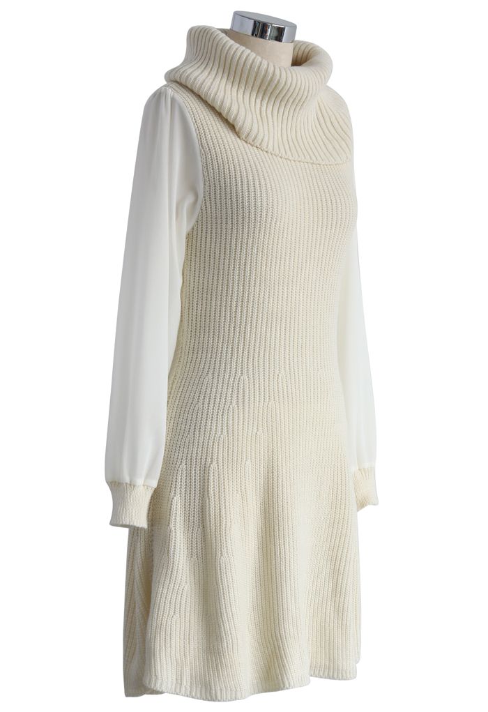 Roll Neck Knitted Dress with Chiffon Sleeves in Cream
