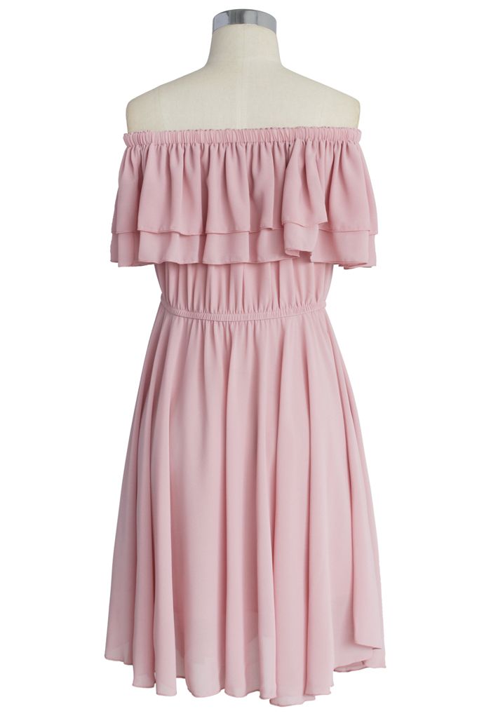 Endless Off-shoulder Frilling Dress in Pastel Pink