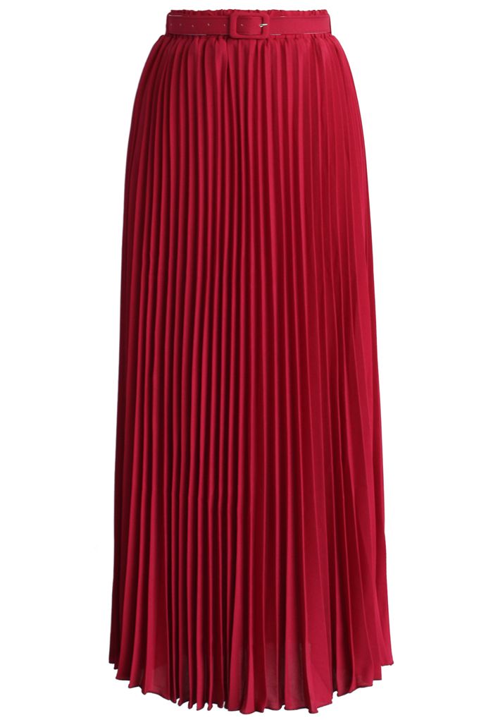 Belted Pleated Chiffon Maxi Skirt in Ruby - Retro, Indie and Unique Fashion
