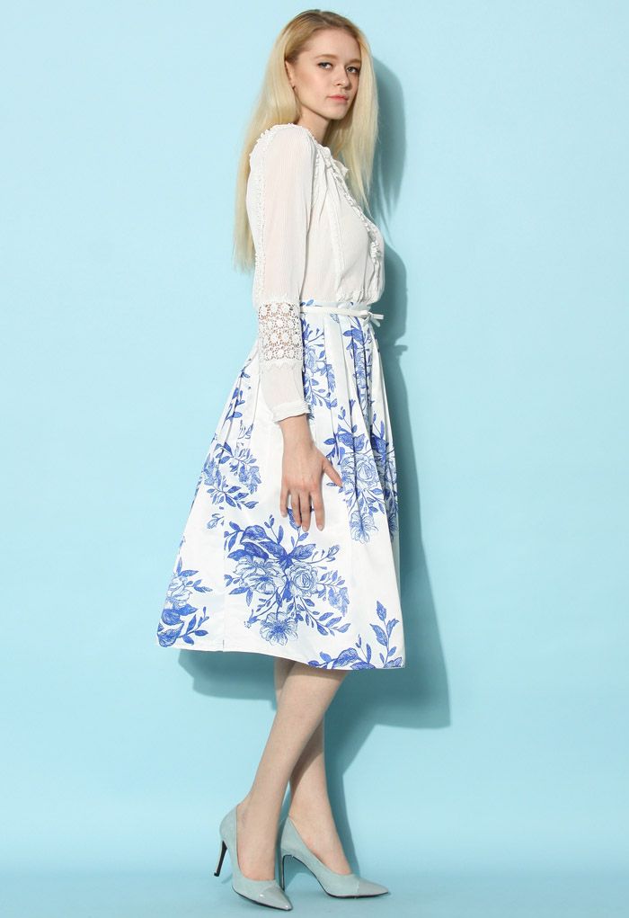 Blue Floral Sketch Pleated Midi Skirt