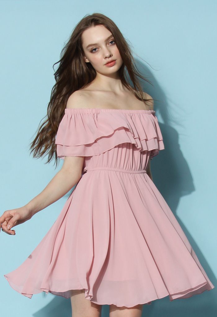 Endless Off-shoulder Frilling Dress in Pastel Pink