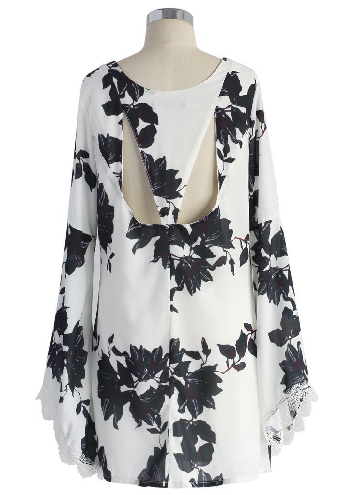 Midnight Floral Bell Sleeve Chiffon Dress in White