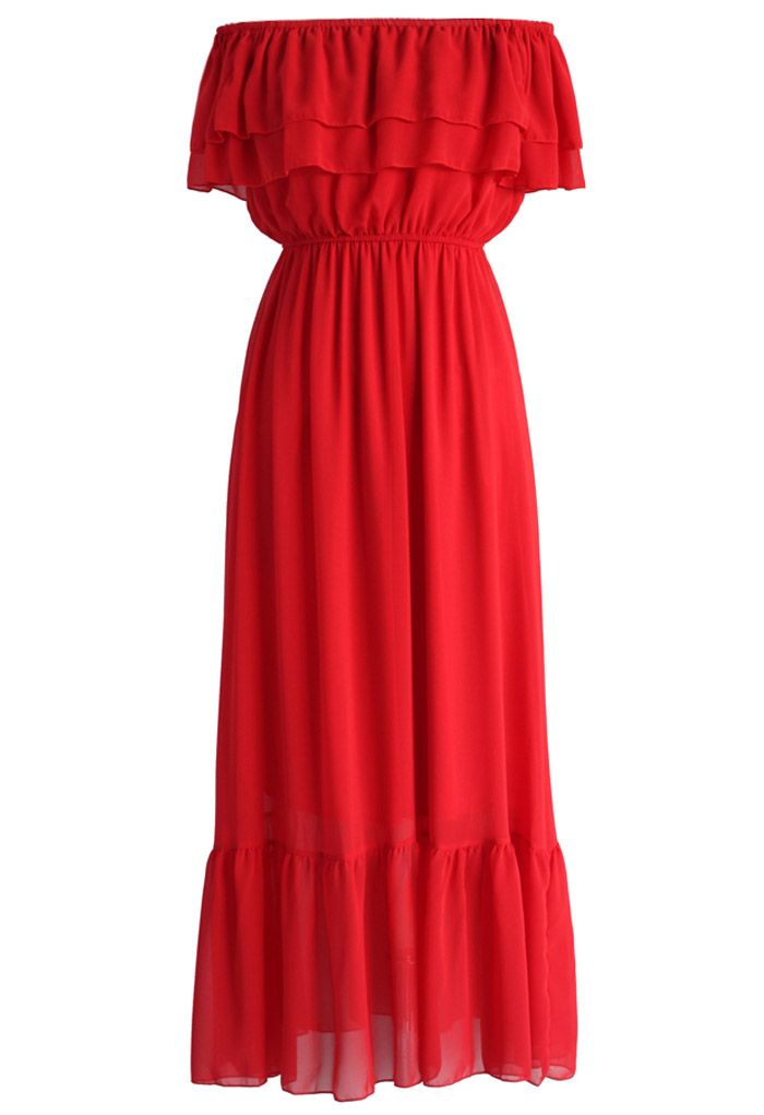 Blissful Frilling Off-shoulder Maxi Dress in Red