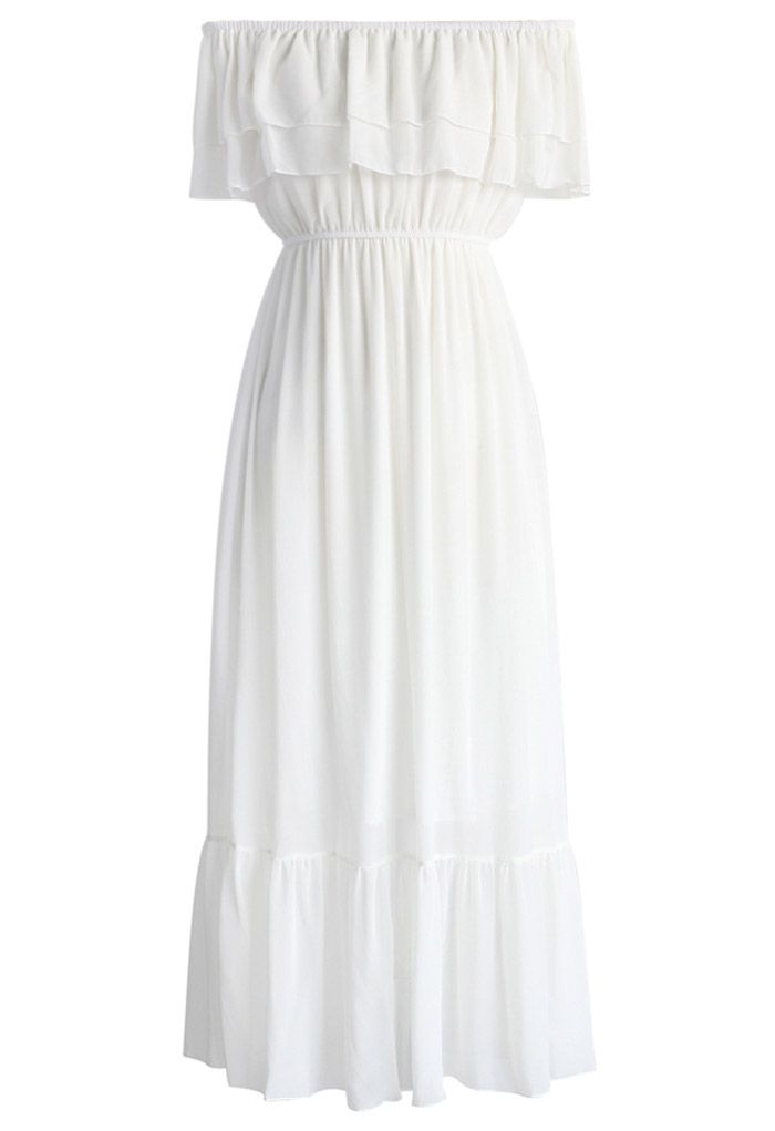 Blissful Frilling Off-shoulder Maxi Dress in White - Retro, Indie and ...