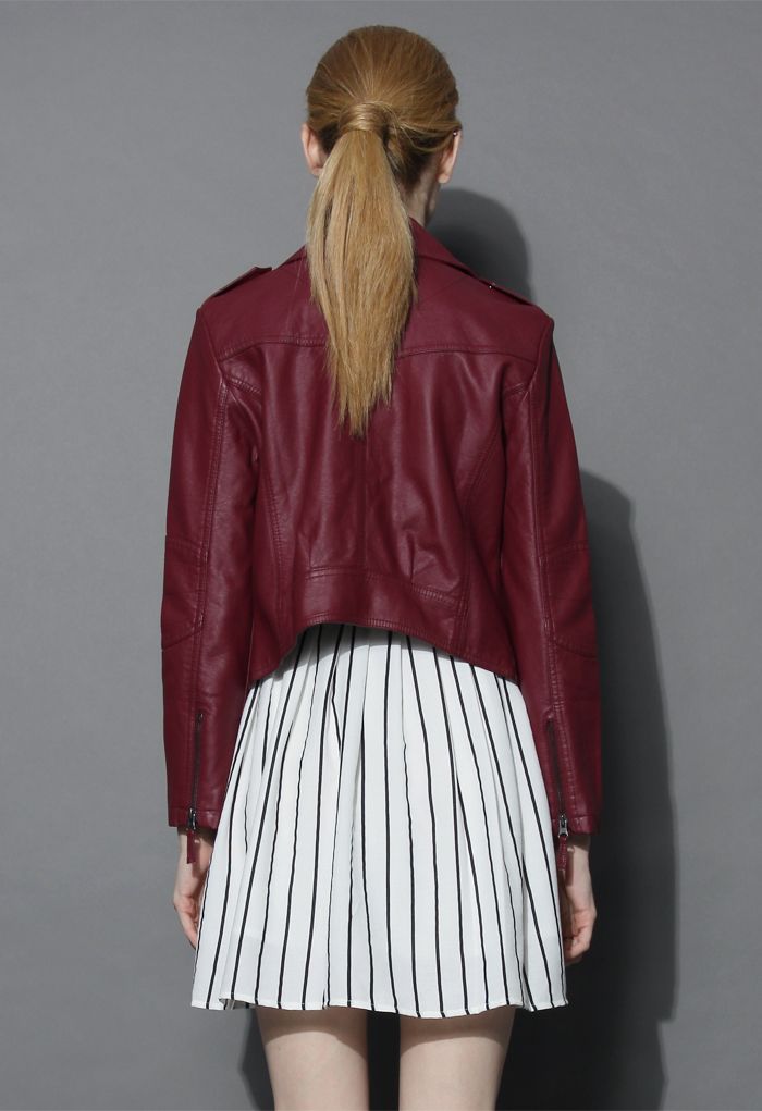 Chic and Stylish Faux Leather Biker Jacket in Wine
