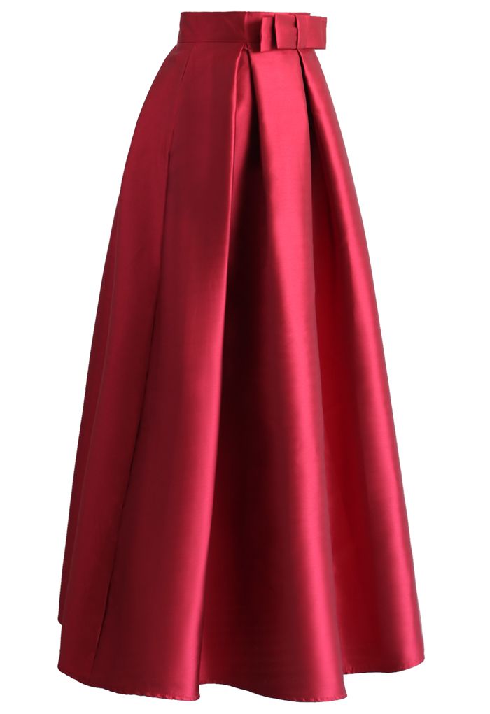 Bowknot Pleated Full Maxi Skirt in Red