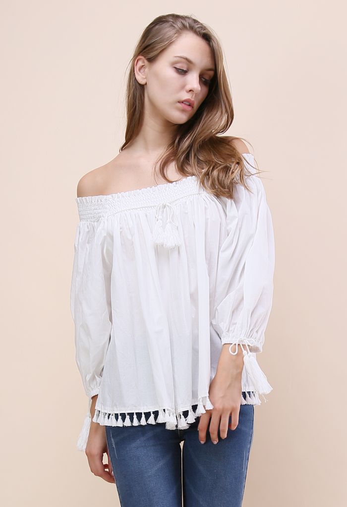 Delightful Swing Tassel Off-shoulder Top in White - Retro, Indie and ...