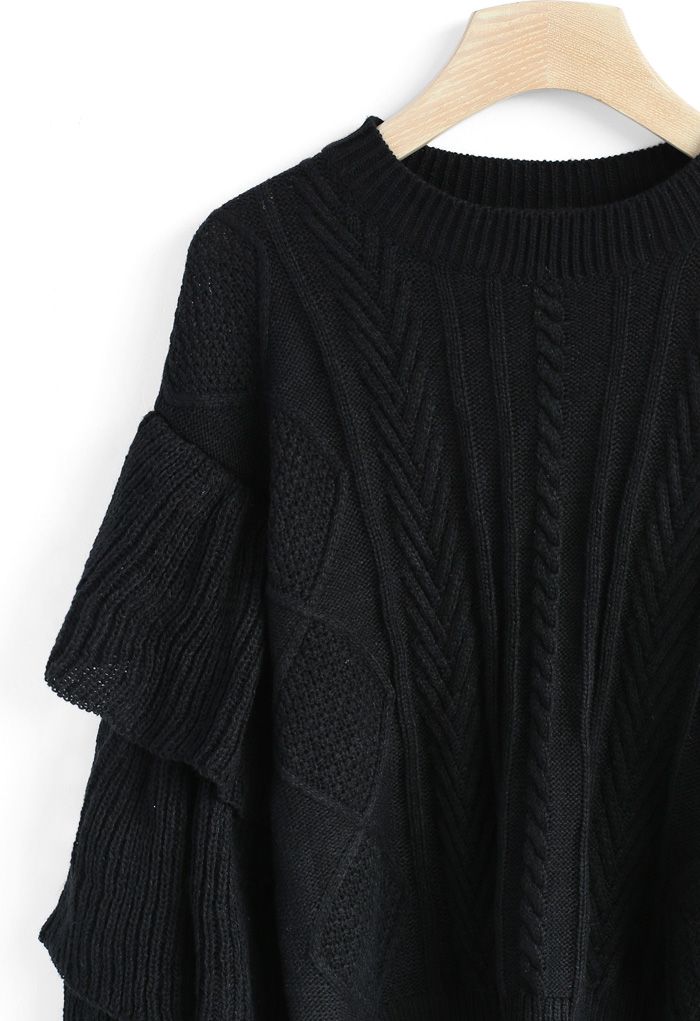 Black Cable Knit Sweater with Tiered Flare Sleeves