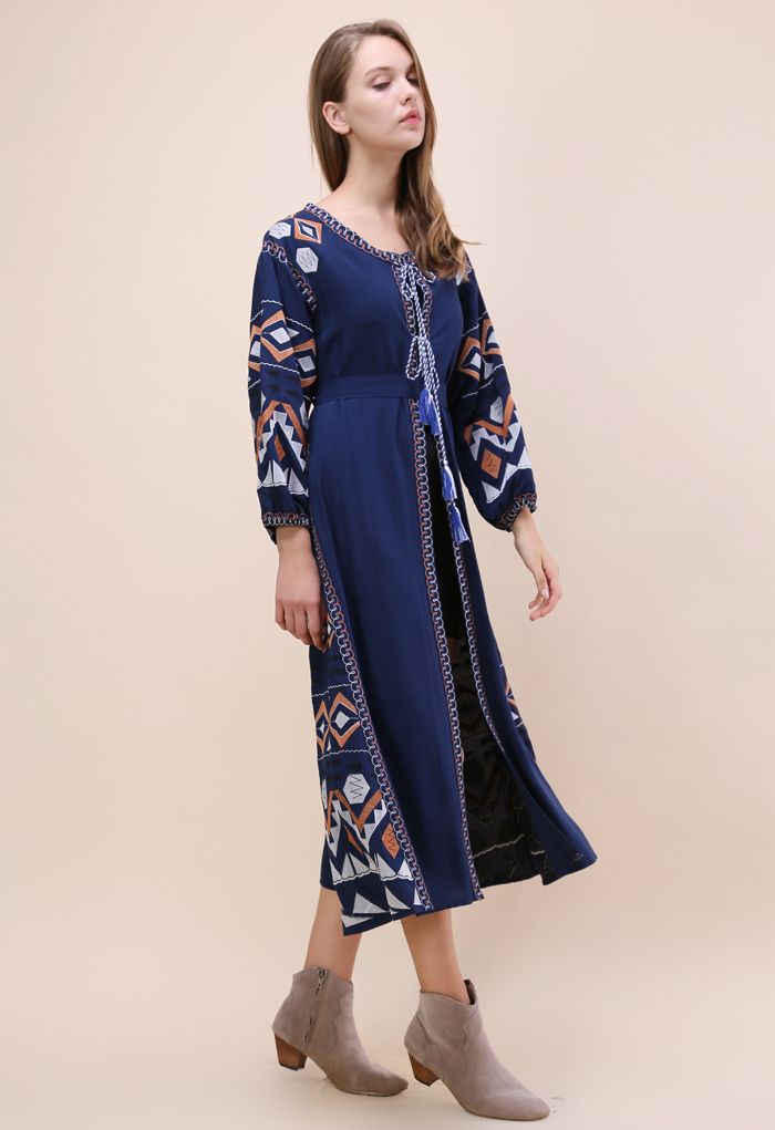 Magical Boho Embroidered Long Cardigan Navy