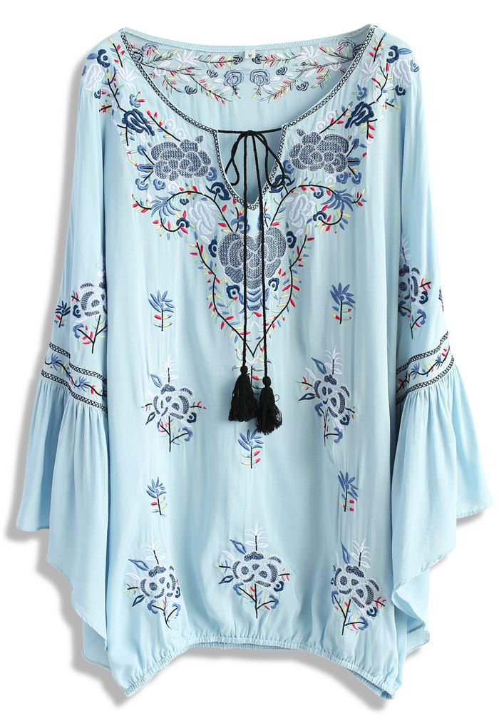 Festive Delight Embroidered Tunic in Baby Blue - Retro, Indie and ...