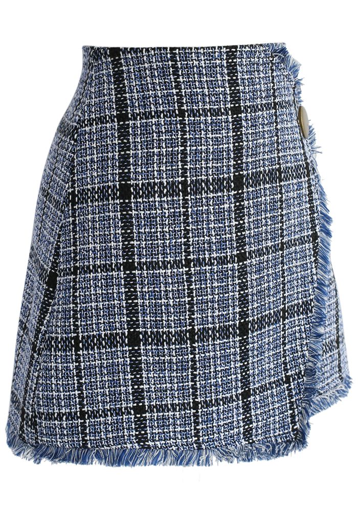 Winsome Asymmetry Grid Tweed Flap Skirt in Navy