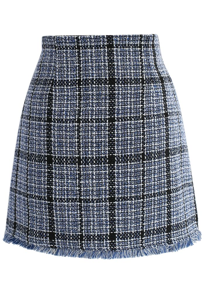 Winsome Asymmetry Grid Tweed Flap Skirt in Navy