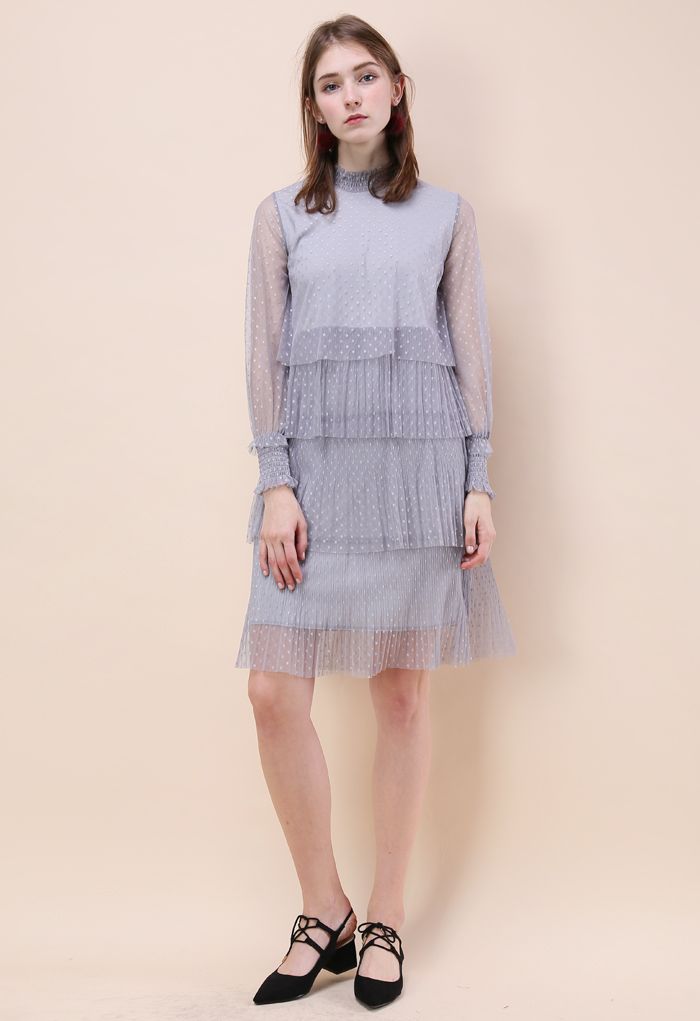 Luscious Polka Dots Mesh Tiered Dress in Grey - Retro, Indie and Unique ...