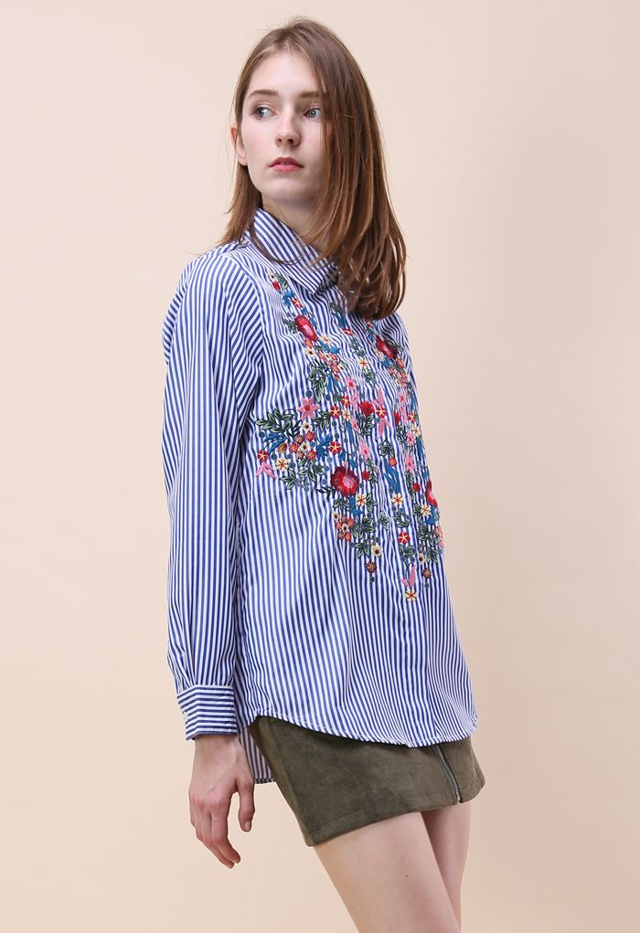 Floral Lullaby Embroidered Shirt in Blue Stripes