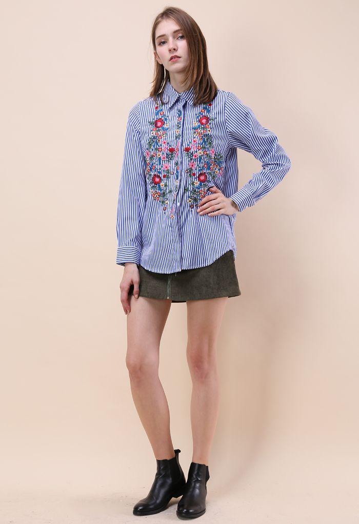Floral Lullaby Embroidered Shirt in Blue Stripes